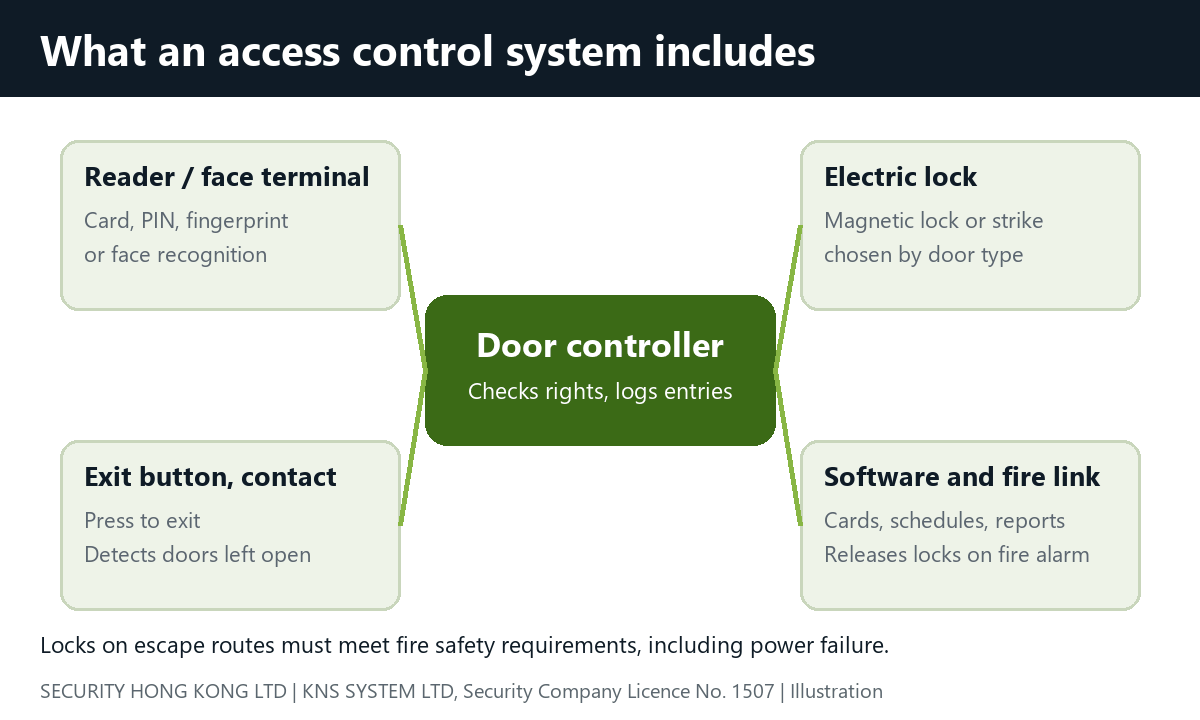 Access control system components: reader or face terminal, door controller, electric lock, exit button, software and fire alarm link