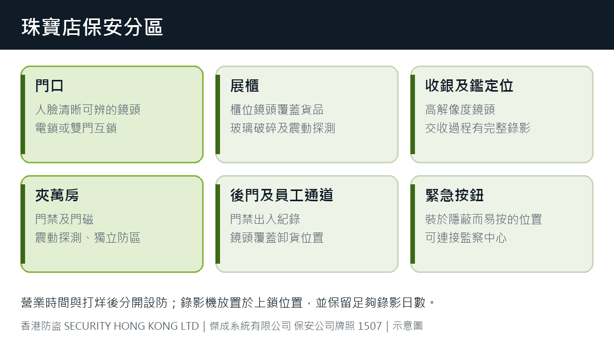 珠寶店保安分區:門口、展櫃、收銀及鑑定位、夾萬房、後門及員工通道、緊急按鈕